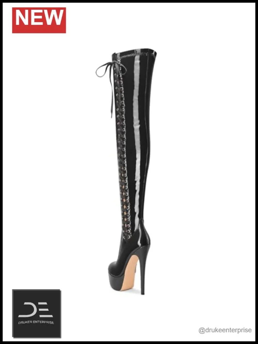 Women's Patent Leather Over The Knee Platform Stiletto Lace-Up Zipper Boots 5.9